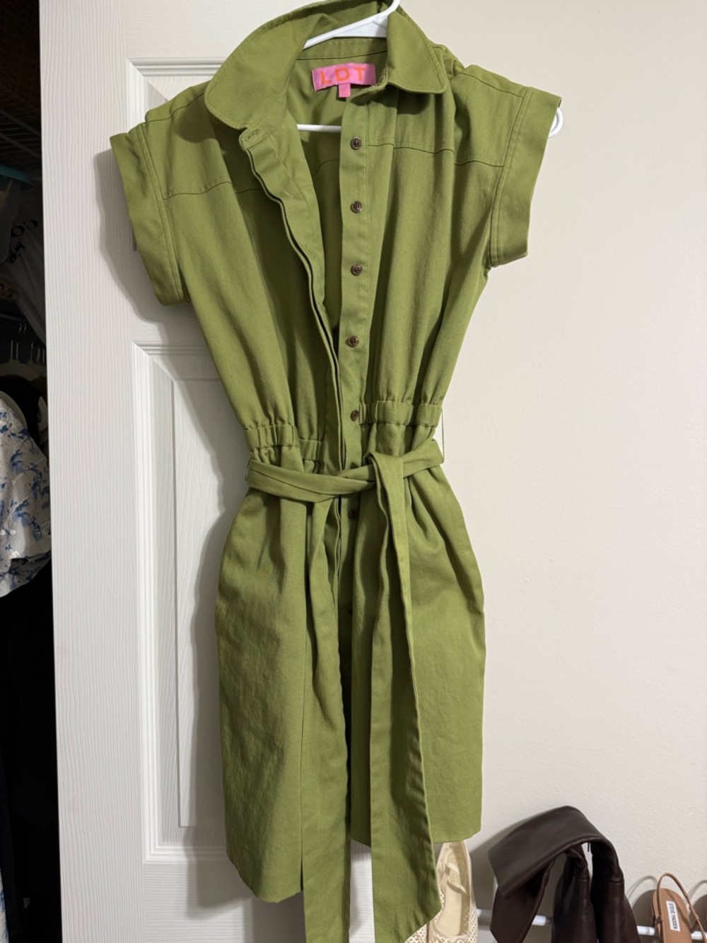 Sleeveless Olive Green Shirt Dress with Tie Belt